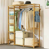 STORFEX Bamboo Wood Clothing Garment Rack with Shelves_3