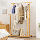 STORFEX Double-Rail Bamboo Clothes Rack High Low Hanging Rod Organizer_0