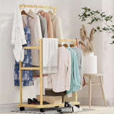 STORFEX Double-Rail Bamboo Clothes Rack High Low Hanging Rod Organizer_2