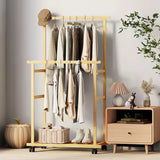 STORFEX Double-Rail Bamboo Clothes Rack High Low Hanging Rod Organizer_3