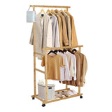 STORFEX Double-Rail Bamboo Clothes Rack High Low Hanging Rod Organizer_4