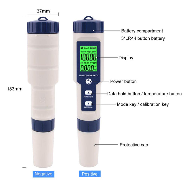 5 in 1 High Accuracy Digital pH Tester for Water Battery Powered_1