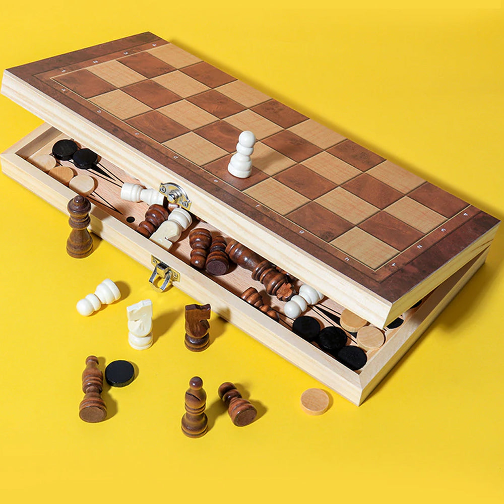 3-in-1 Large Folding Wooden Chessboard Checkers Gaming Set_7