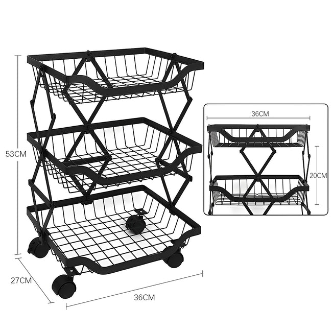 STORFEX 3 Tier Foldable Kitchen Pantry Storage Organizer Cart Baskets Rack_3