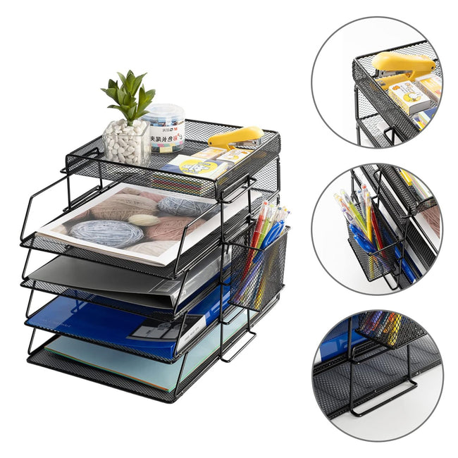 STORFEX 5-Layer Stackable Mesh File Storage Rack with Pen Holder_3