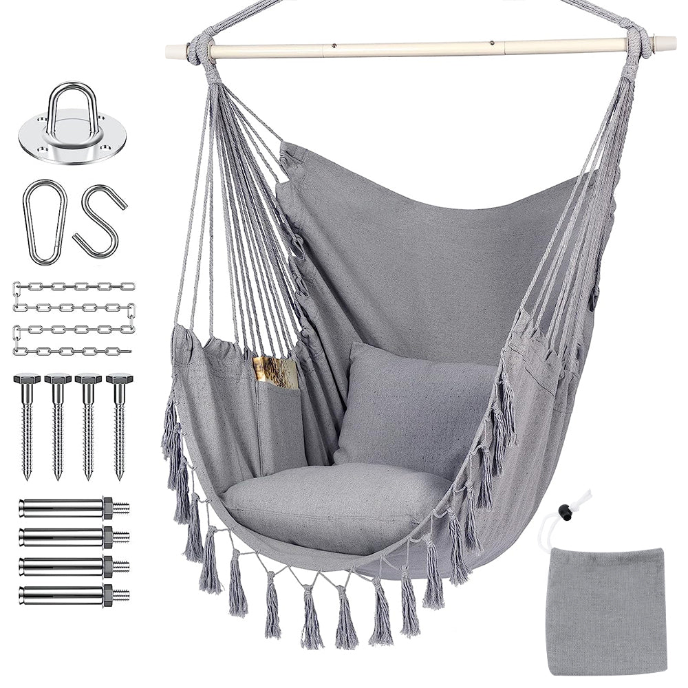 HYPERANGER Hammock Chair Hanging Rope Swing with 2 Cushions-Grey_2