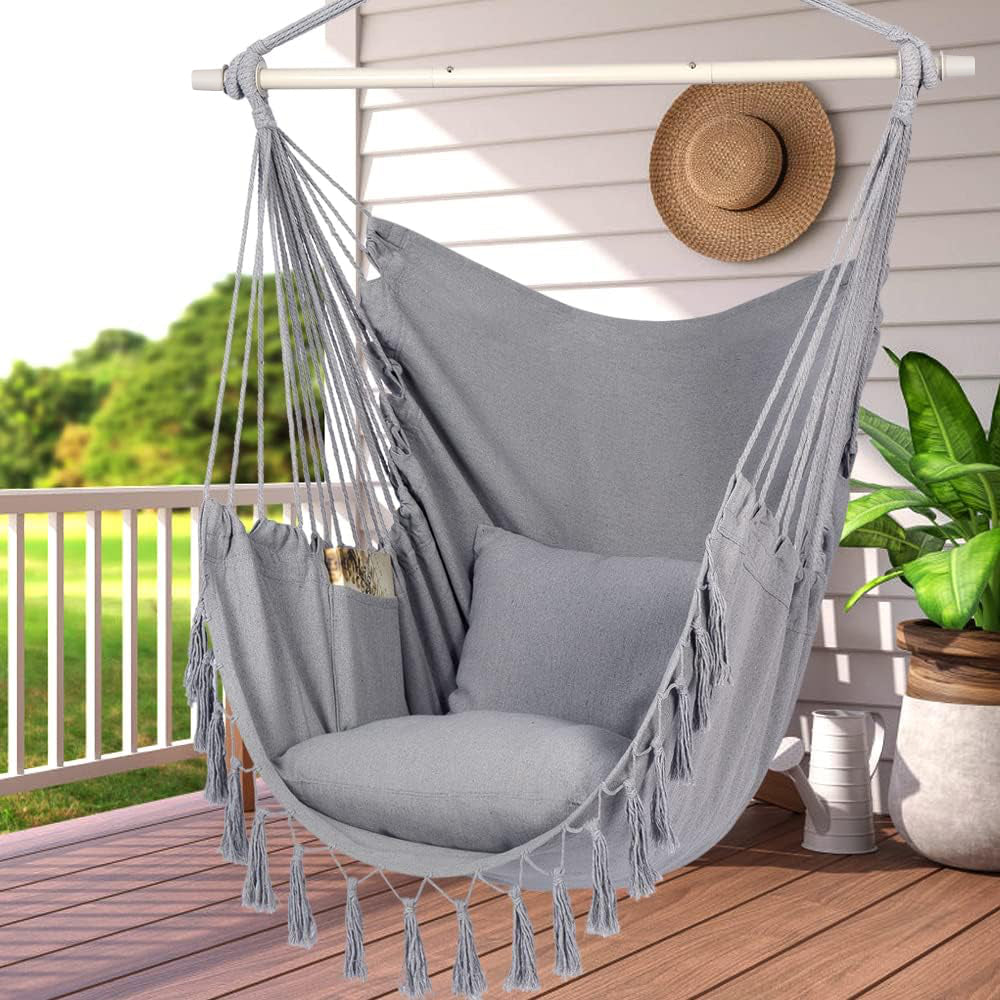 HYPERANGER Hammock Chair Hanging Rope Swing with 2 Cushions-Grey_9
