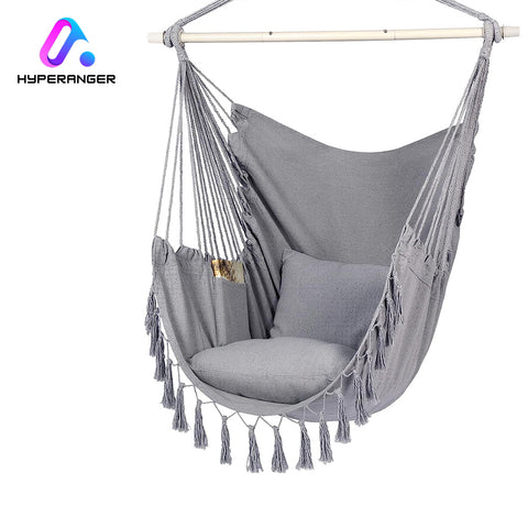 HYPERANGER Hammock Chair Hanging Rope Swing with 2 Cushions-Grey_0