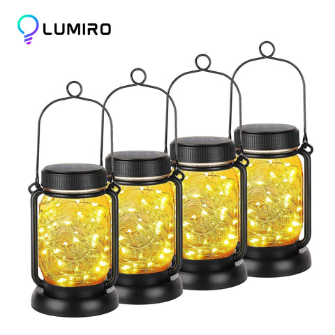 LUMIRO Solar Hanging Mason Jar Lights Decorative Solar Lantern with Stakes - 4 Pack_0
