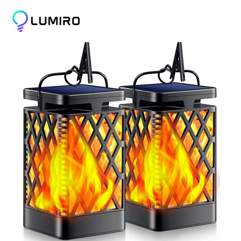 LUMIRO 2 Pack Flickering Flame Solar Garden Pendant Lights - Realistic Flames_0