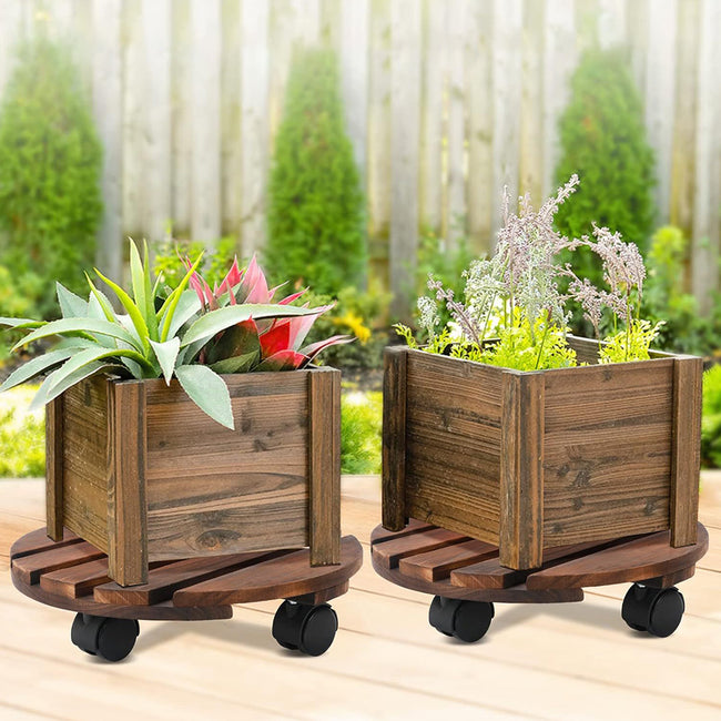 GREENHAVEN 2 Pack Plant Caddy with Lockable Wheels - Wood Color_4